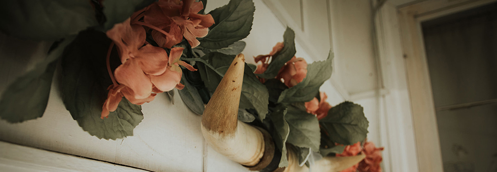 Picture of the top of the front door at Grandma's House at Circle K Farmhouse, titled 'Horns & Bloom'